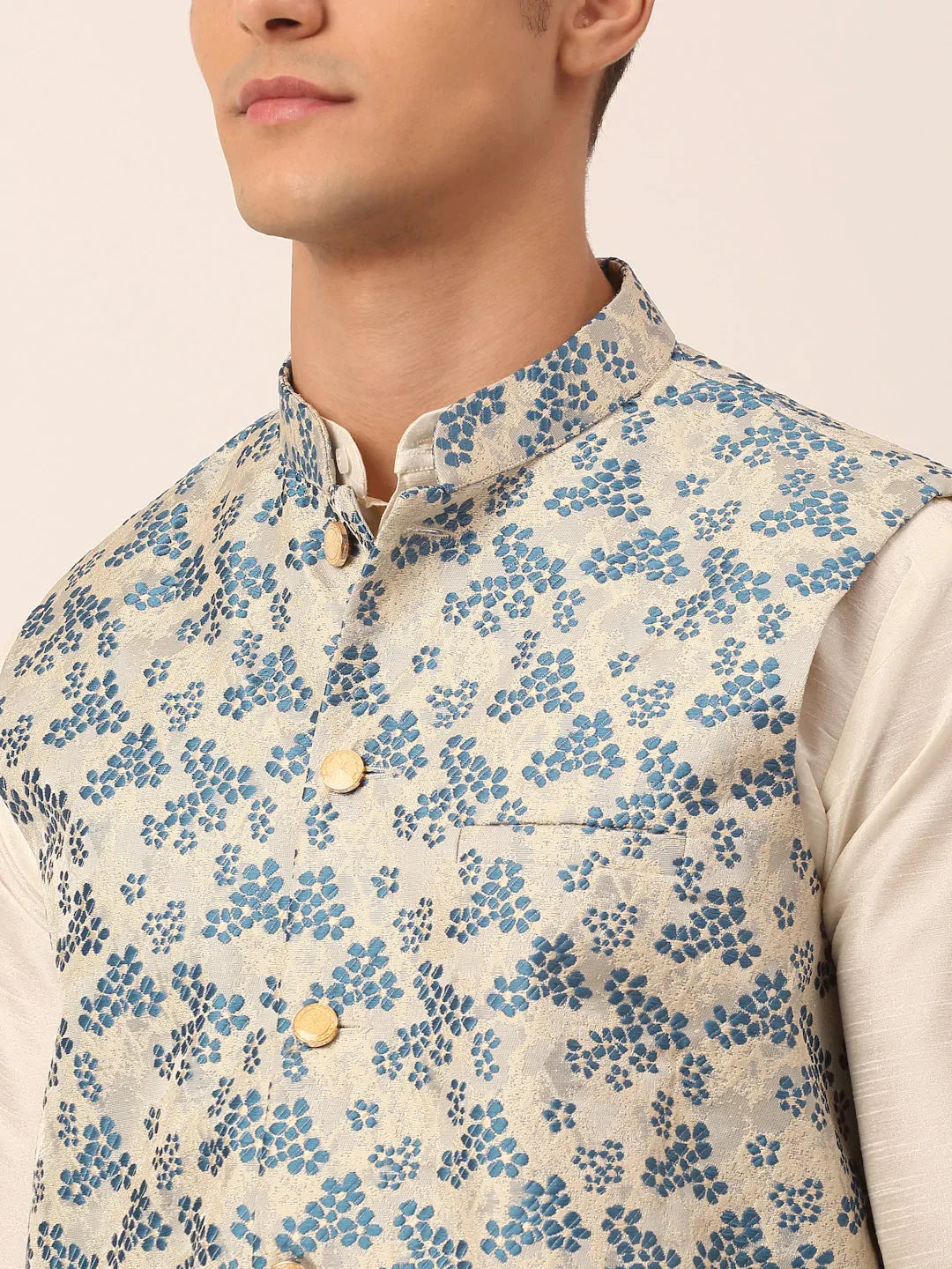 Jompers Men's Solid Kurta Pyjama With Blue Floral Embroidered Nehru Jacket | Grocsy