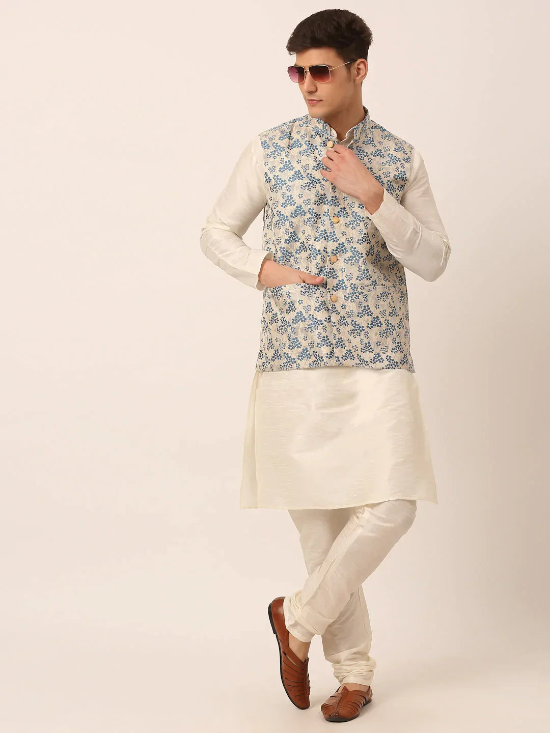 Jompers Men's Solid Kurta Pyjama With Blue Floral Embroidered Nehru Jacket | Grocsy