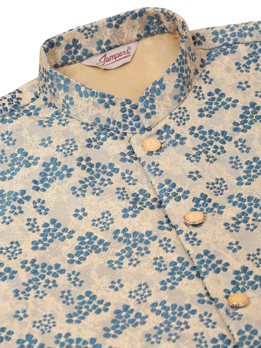 Jompers Men's Solid Kurta Pyjama With Blue Floral Embroidered Nehru Jacket | Grocsy