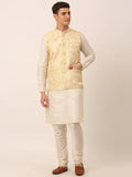 Jompers Men's Solid Kurta Pyjama With Golden Floral Embroidered Nehru Jacket | Grocsy