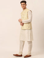 Jompers Men's Solid Kurta Pyjama With Golden Floral Embroidered Nehru Jacket | Grocsy