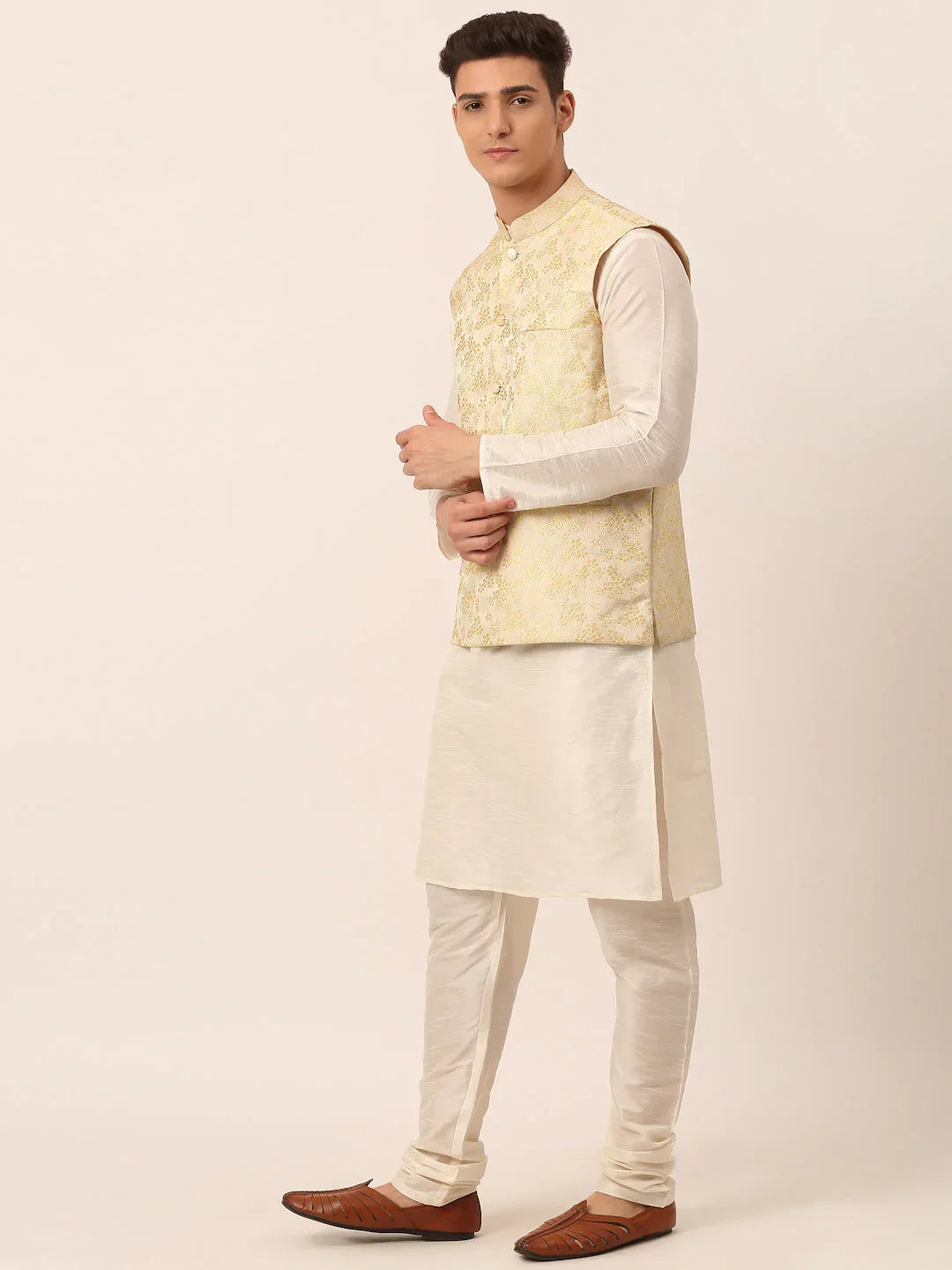 Jompers Men's Solid Kurta Pyjama With Golden Floral Embroidered Nehru Jacket | Grocsy