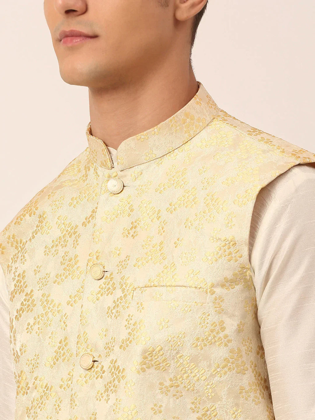 Jompers Men's Solid Kurta Pyjama With Golden Floral Embroidered Nehru Jacket | Grocsy
