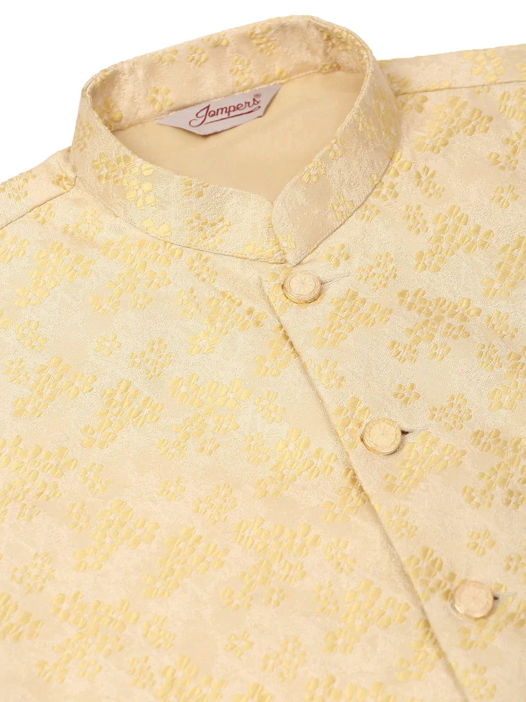 Jompers Men's Solid Kurta Pyjama With Golden Floral Embroidered Nehru Jacket | Grocsy