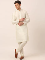 Jompers Men's Solid Kurta Pyjama With Grey Floral Embroidered Nehru Jacket | Grocsy