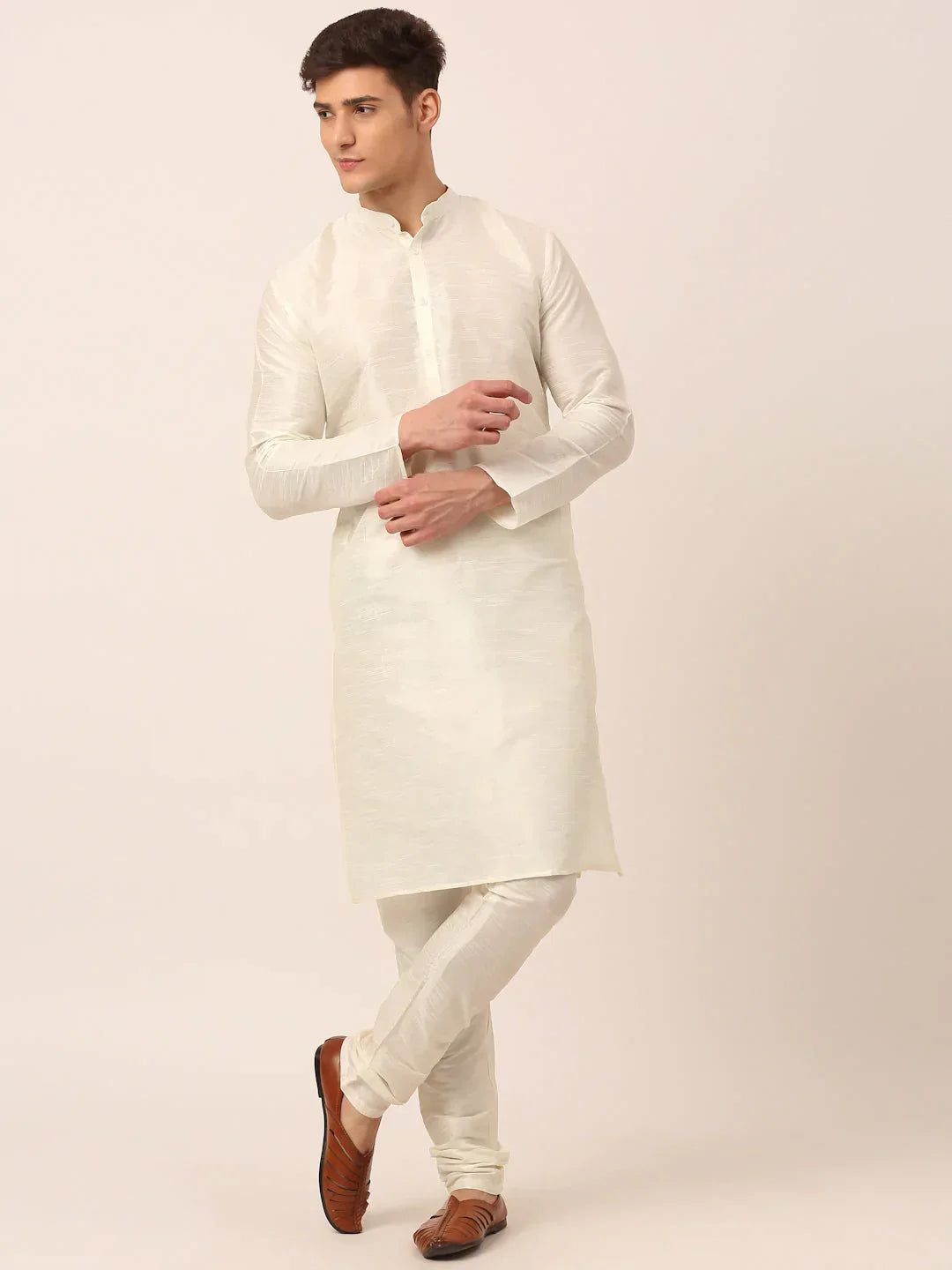 Jompers Men's Solid Kurta Pyjama With Grey Floral Embroidered Nehru Jacket | Grocsy