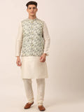 Jompers Men's Solid Kurta Pyjama With Grey Floral Embroidered Nehru Jacket | Grocsy