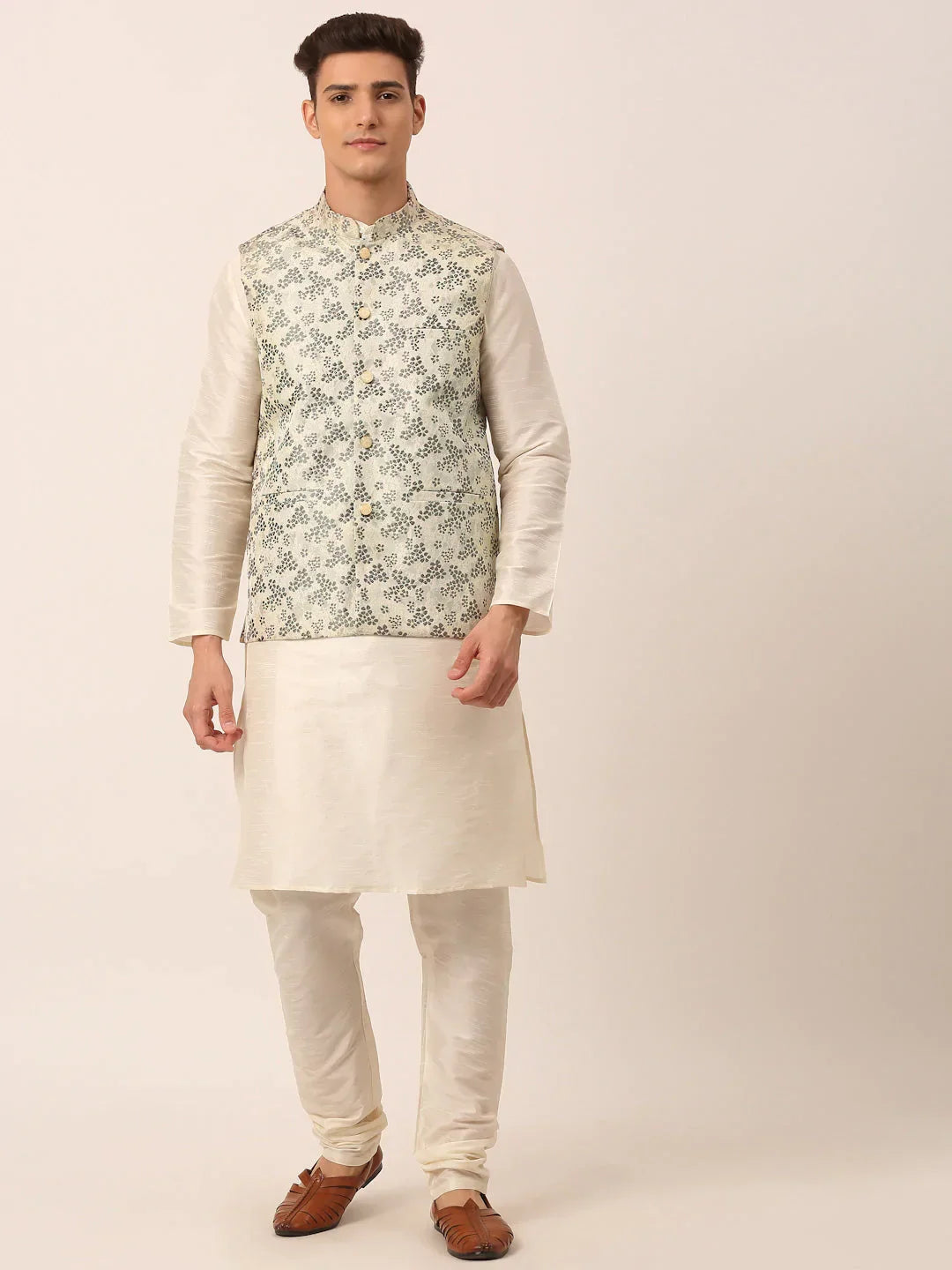 Jompers Men's Solid Kurta Pyjama With Grey Floral Embroidered Nehru Jacket | Grocsy