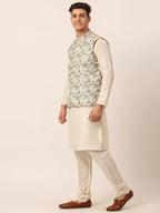 Jompers Men's Solid Kurta Pyjama With Grey Floral Embroidered Nehru Jacket | Grocsy