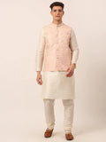 Jompers Men's Solid Kurta Pyjama With Pink Floral Embroidered Nehru Jacket | Grocsy