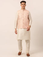 Jompers Men's Solid Kurta Pyjama With Pink Floral Embroidered Nehru Jacket | Grocsy