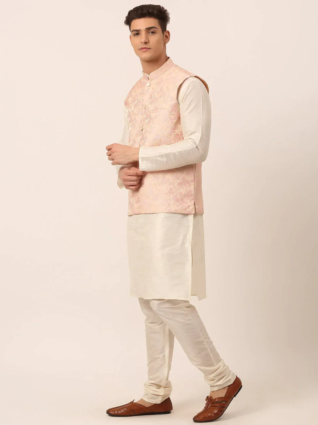 Jompers Men's Solid Kurta Pyjama With Pink Floral Embroidered Nehru Jacket | Grocsy