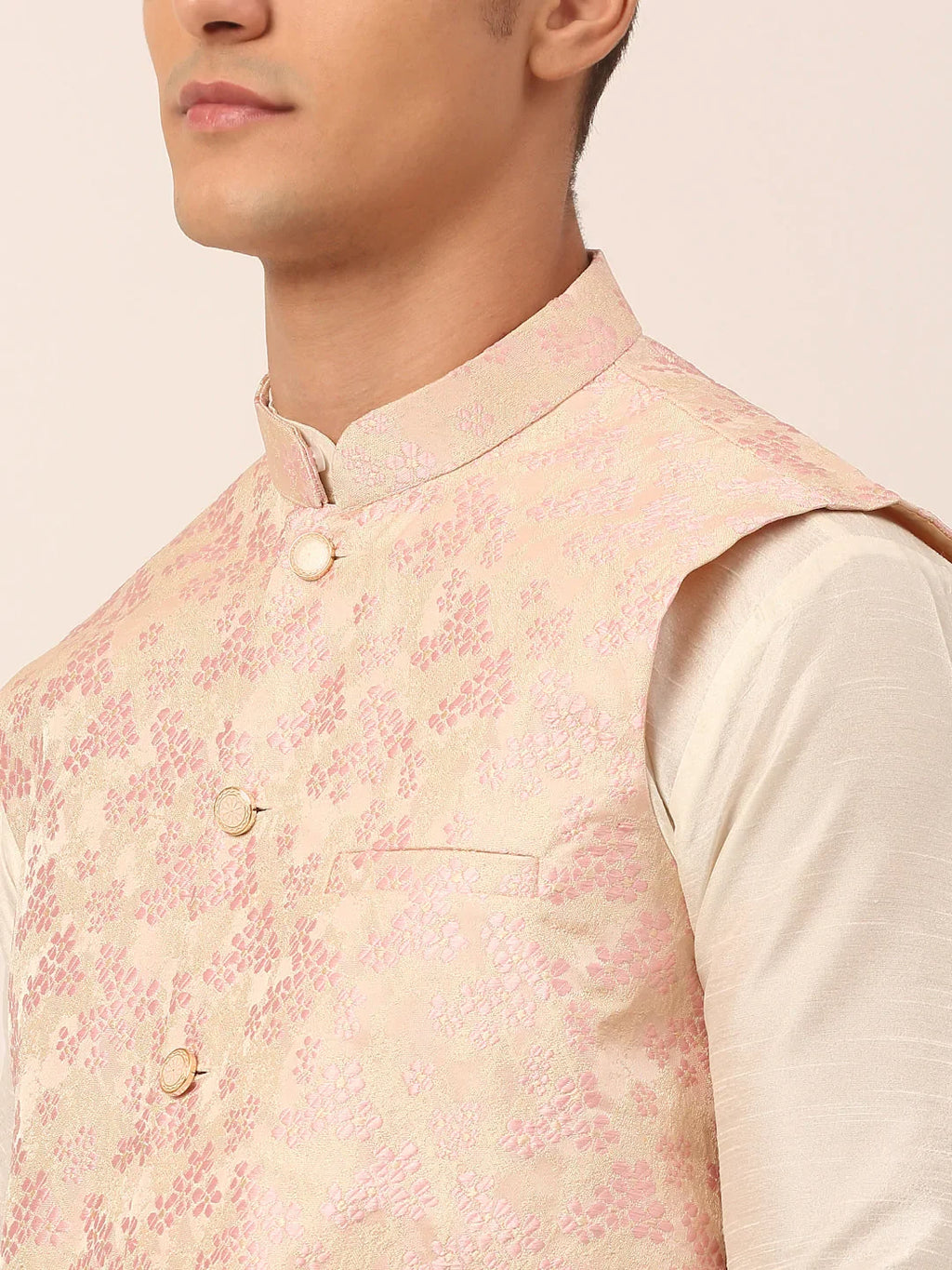 Jompers Men's Solid Kurta Pyjama With Pink Floral Embroidered Nehru Jacket | Grocsy