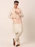 Jompers Men's Solid Kurta Pyjama With Pink Floral Embroidered Nehru Jacket | Grocsy