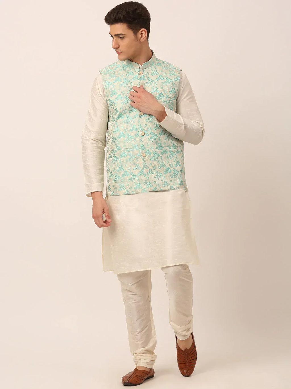 Jompers Men's Solid Kurta Pyjama With Sky Blue Floral Embroidered Nehru Jacket | Grocsy