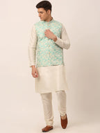 Jompers Men's Solid Kurta Pyjama With Sky Blue Floral Embroidered Nehru Jacket | Grocsy