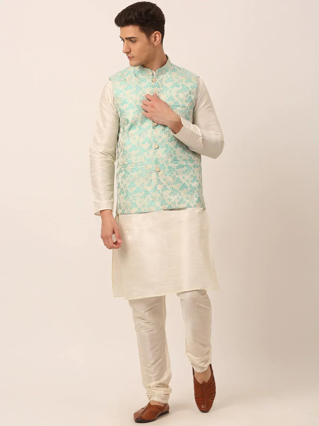 Jompers Men's Solid Kurta Pyjama With Sky Blue Floral Embroidered Nehru Jacket | Grocsy