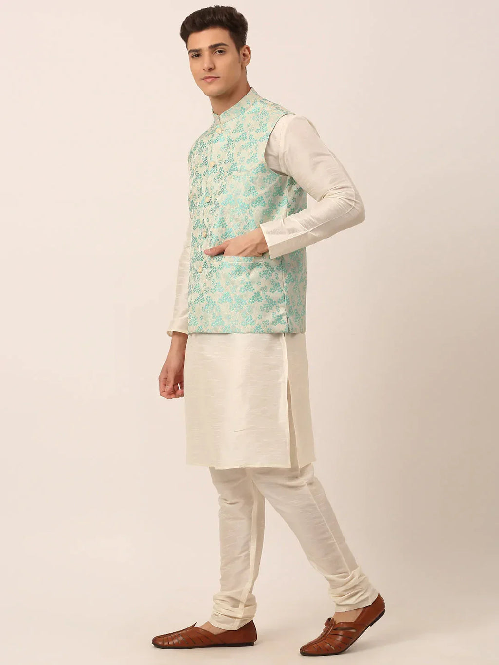 Jompers Men's Solid Kurta Pyjama With Sky Blue Floral Embroidered Nehru Jacket | Grocsy
