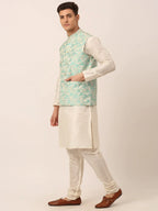 Jompers Men's Solid Kurta Pyjama With Sky Blue Floral Embroidered Nehru Jacket | Grocsy