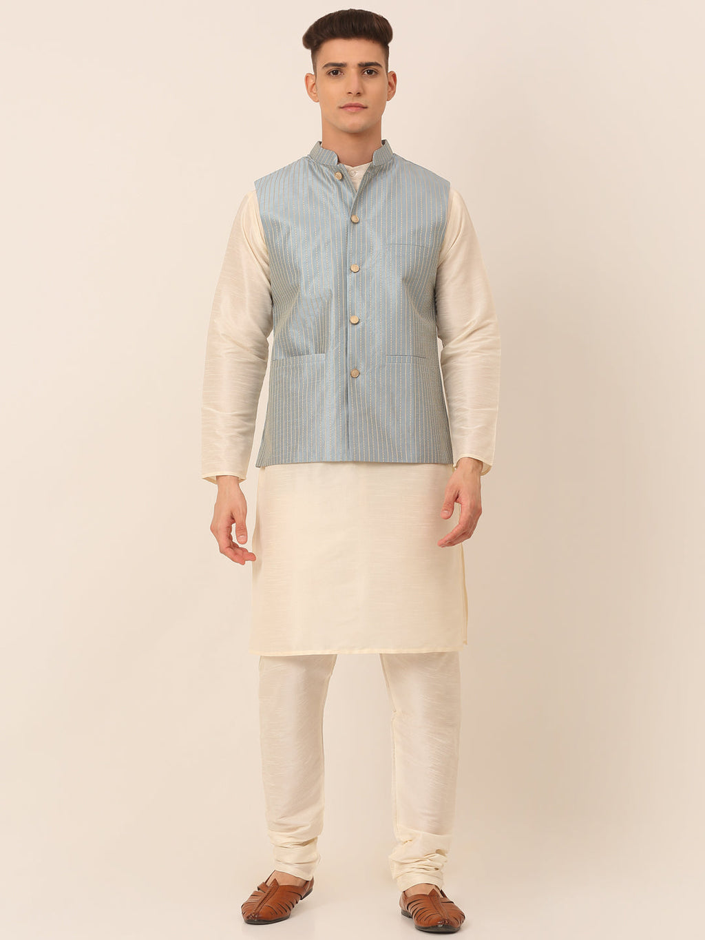 Jompers Men's Solid Kurta Pyjama With Striped Embroidered Nehru Jacket - Blue | Grocsy