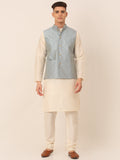 Jompers Men's Solid Kurta Pyjama With Striped Embroidered Nehru Jacket - Blue | Grocsy