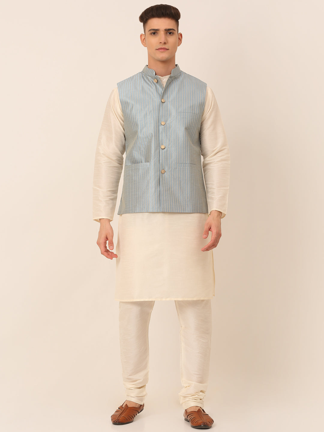 Jompers Men's Solid Kurta Pyjama With Striped Embroidered Nehru Jacket - Blue | Grocsy