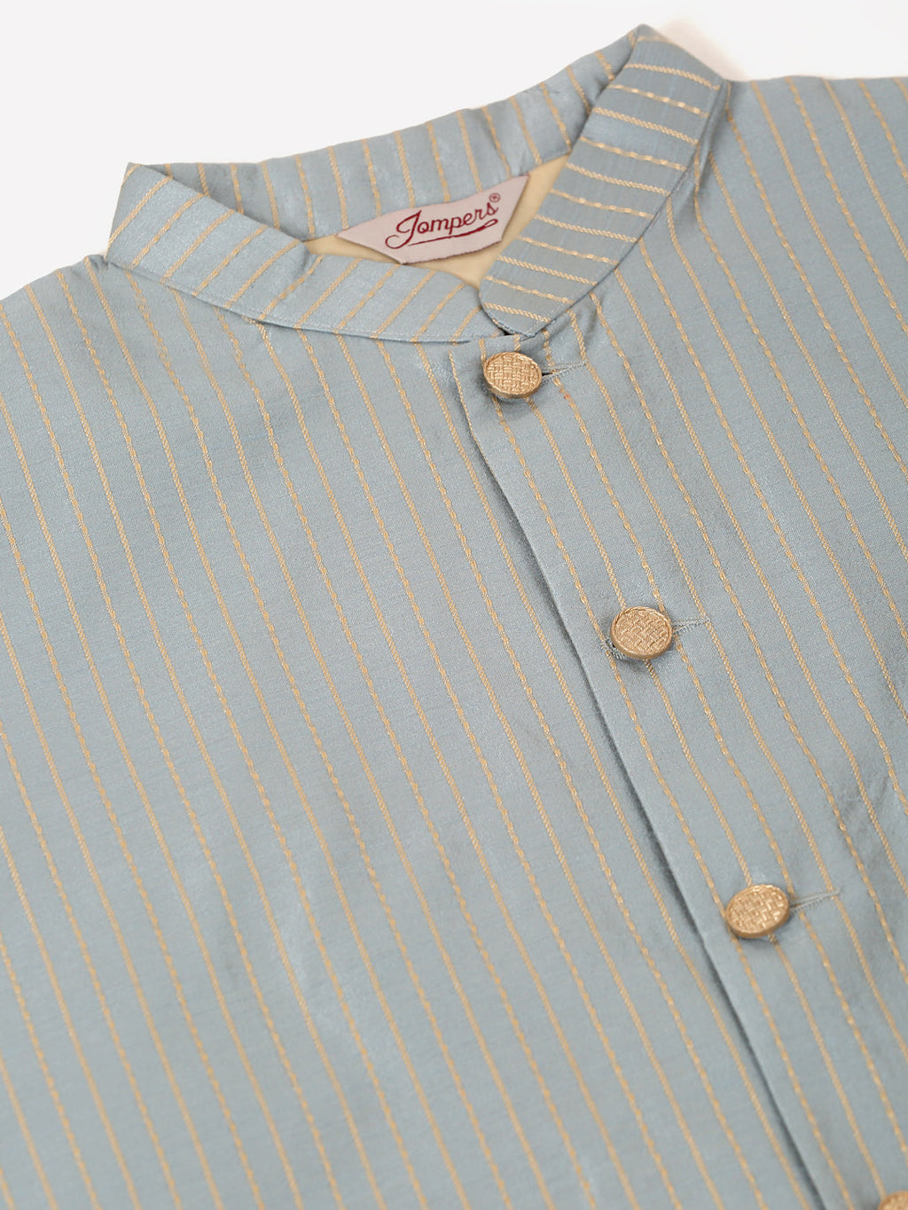 Jompers Men's Solid Kurta Pyjama With Striped Embroidered Nehru Jacket - Blue | Grocsy