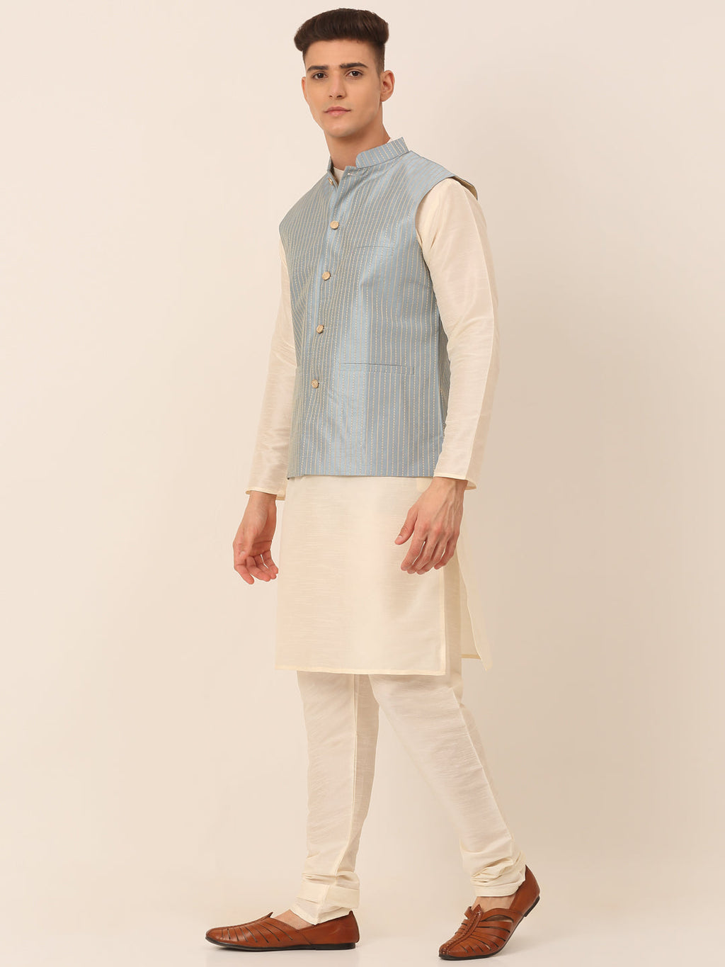 Jompers Men's Solid Kurta Pyjama With Striped Embroidered Nehru Jacket - Blue | Grocsy