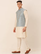 Jompers Men's Solid Kurta Pyjama With Striped Embroidered Nehru Jacket - Blue | Grocsy