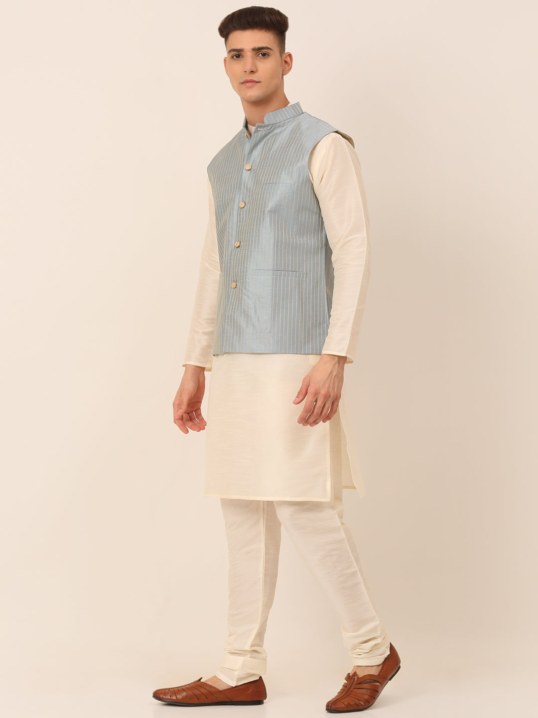 Jompers Men's Solid Kurta Pyjama With Striped Embroidered Nehru Jacket - Blue | Grocsy