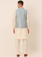 Jompers Men's Solid Kurta Pyjama With Striped Embroidered Nehru Jacket - Blue | Grocsy