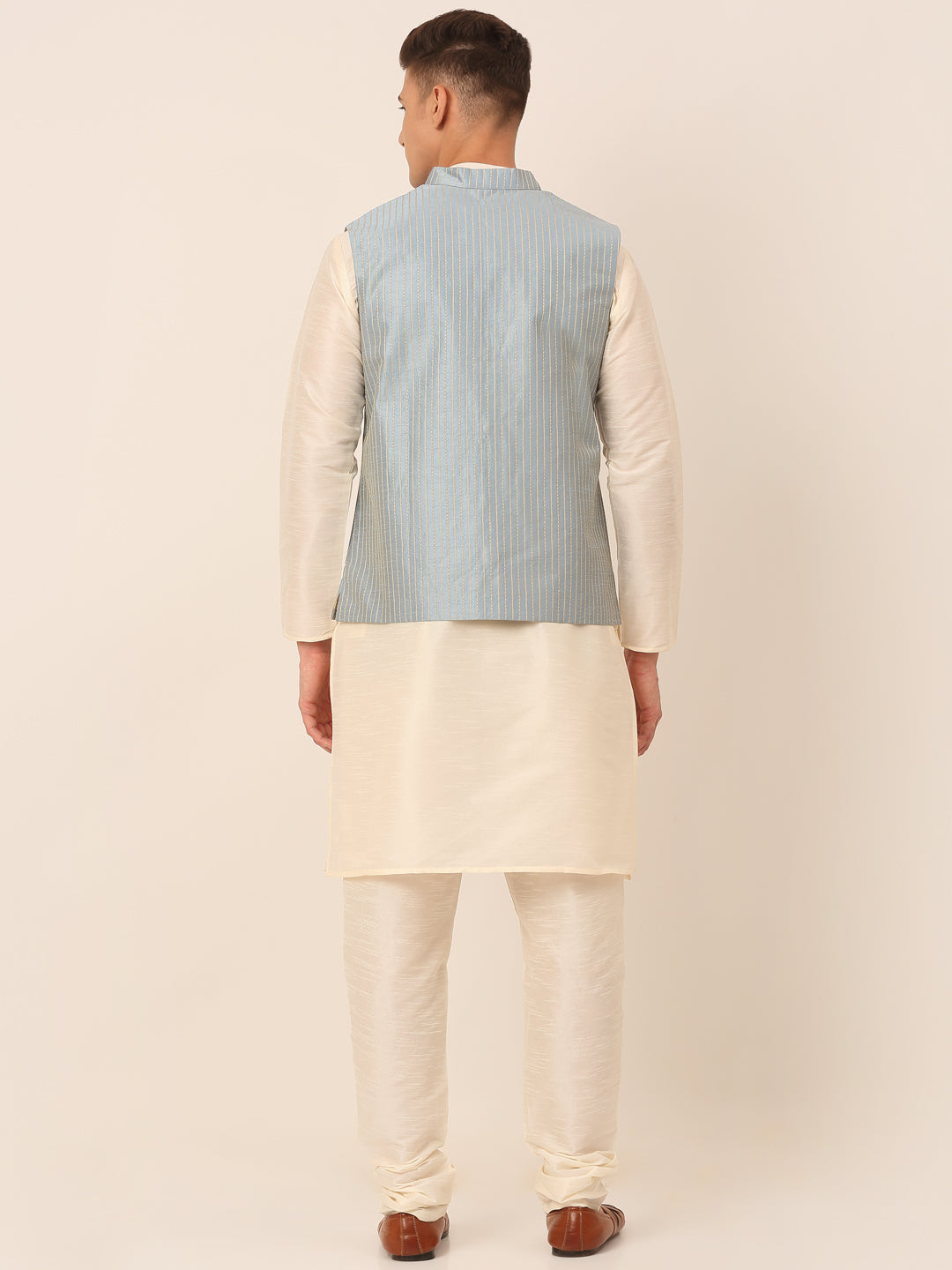 Jompers Men's Solid Kurta Pyjama With Striped Embroidered Nehru Jacket - Blue | Grocsy