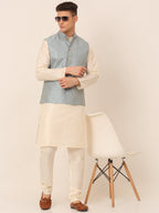 Jompers Men's Solid Kurta Pyjama With Striped Embroidered Nehru Jacket - Blue | Grocsy