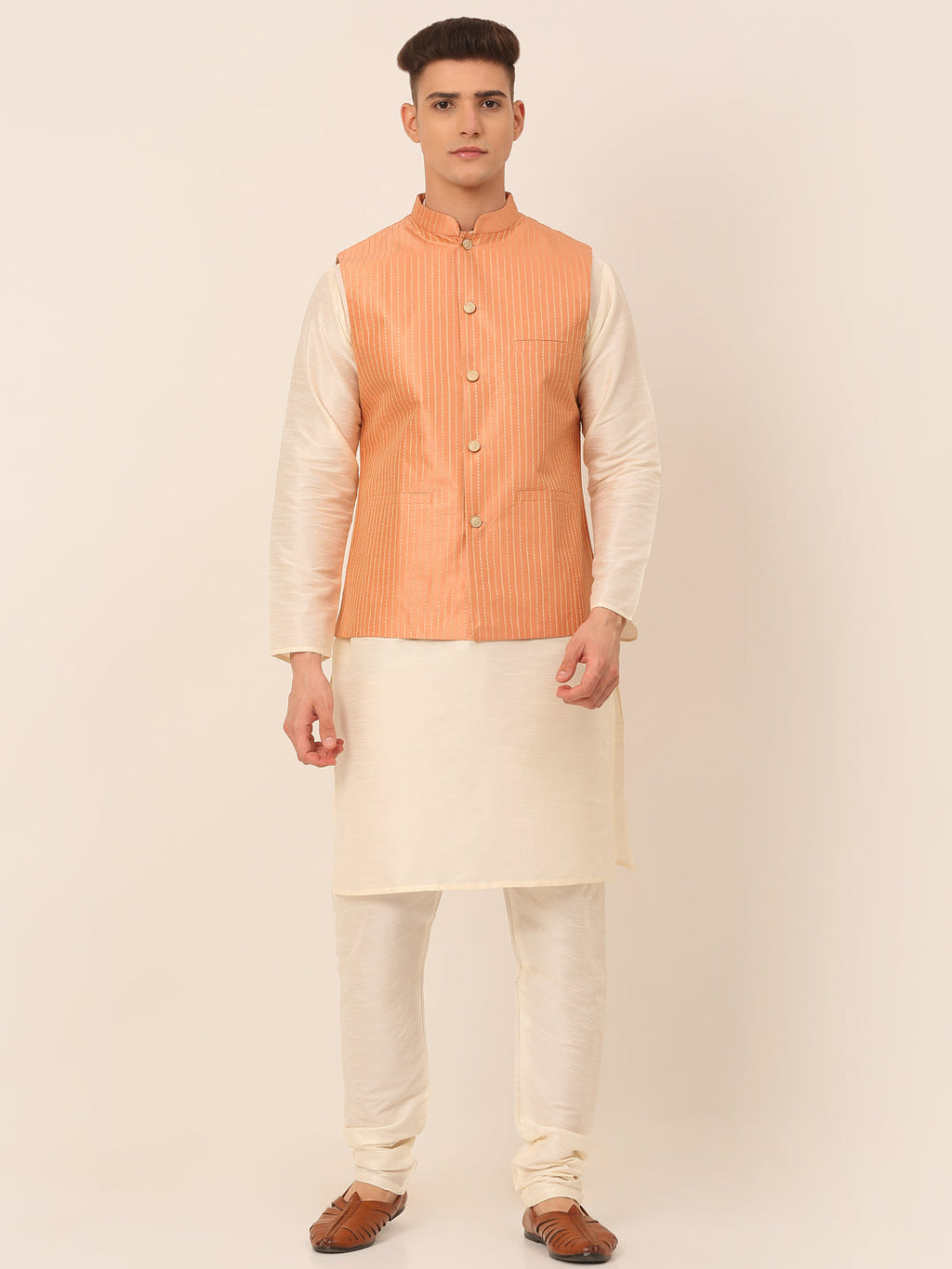 Jompers Men's Solid Kurta Pyjama With Striped Embroidered Nehru Jacket - Peach | Grocsy