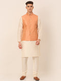 Jompers Men's Solid Kurta Pyjama With Striped Embroidered Nehru Jacket - Peach | Grocsy
