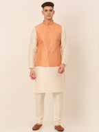 Jompers Men's Solid Kurta Pyjama With Striped Embroidered Nehru Jacket - Peach | Grocsy