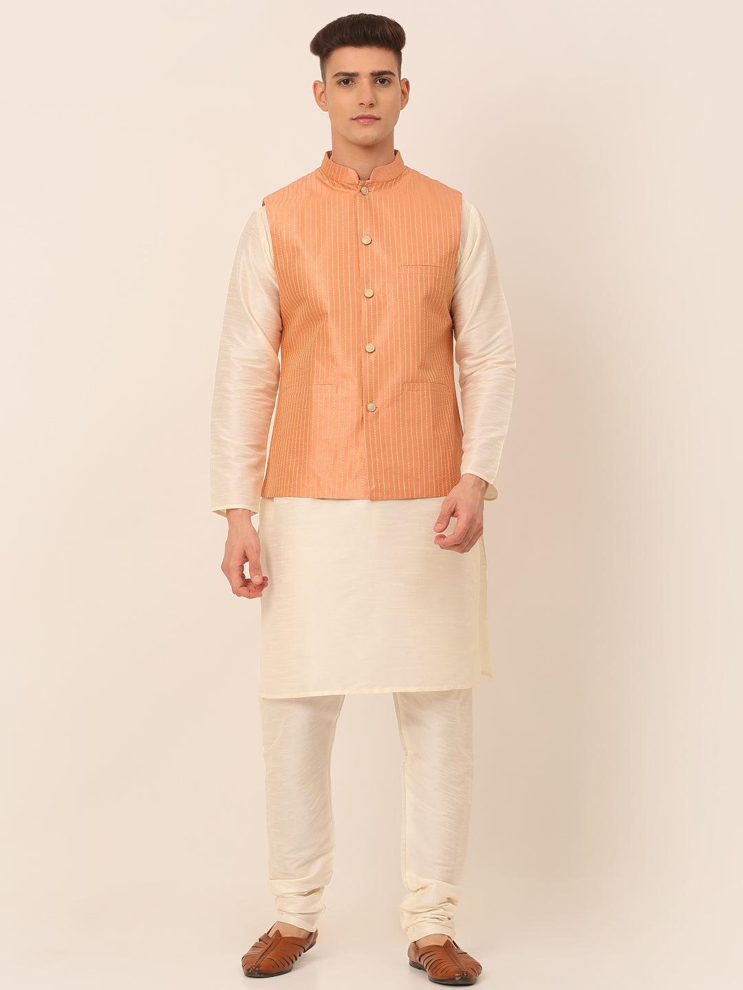 Jompers Men's Solid Kurta Pyjama With Striped Embroidered Nehru Jacket - Peach | Grocsy