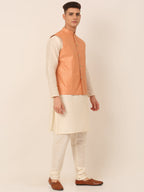 Jompers Men's Solid Kurta Pyjama With Striped Embroidered Nehru Jacket - Peach | Grocsy