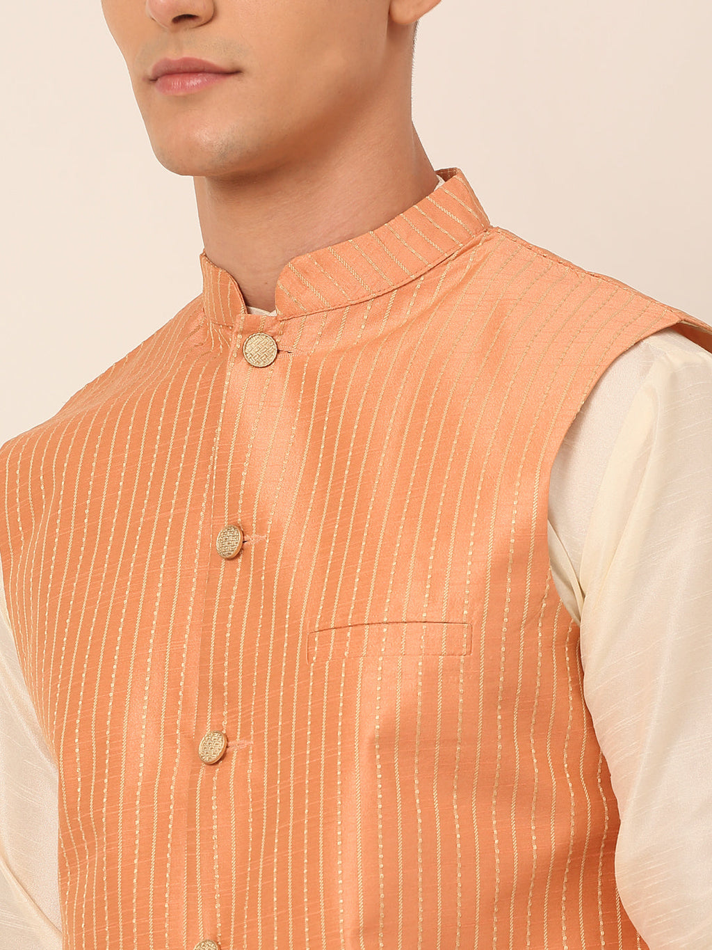 Jompers Men's Solid Kurta Pyjama With Striped Embroidered Nehru Jacket - Peach | Grocsy