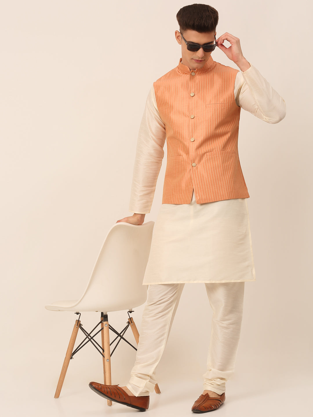 Jompers Men's Solid Kurta Pyjama With Striped Embroidered Nehru Jacket - Peach | Grocsy