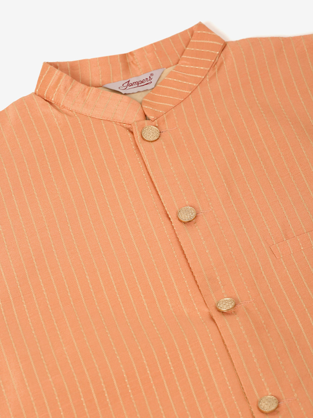 Jompers Men's Solid Kurta Pyjama With Striped Embroidered Nehru Jacket - Peach | Grocsy