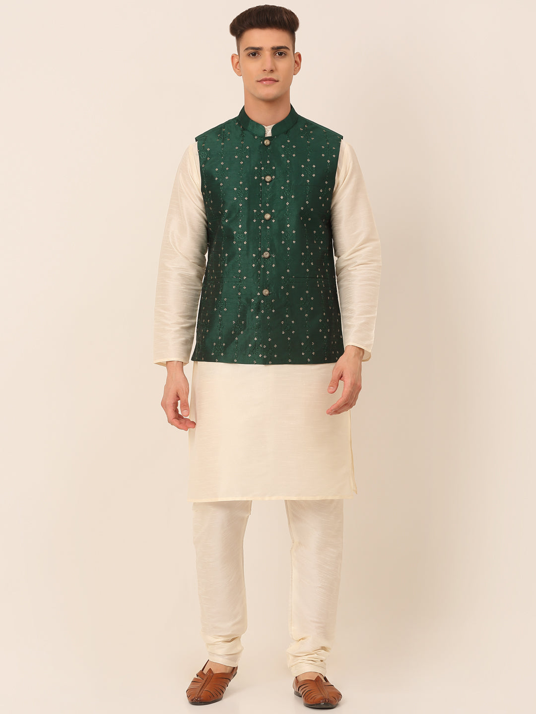 Jompers Men's Solid Dupion Silk Kurta Pyjama With Embroidered Nehru Jacket - Green | Grocsy