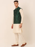 Jompers Men's Solid Dupion Silk Kurta Pyjama With Embroidered Nehru Jacket - Green | Grocsy