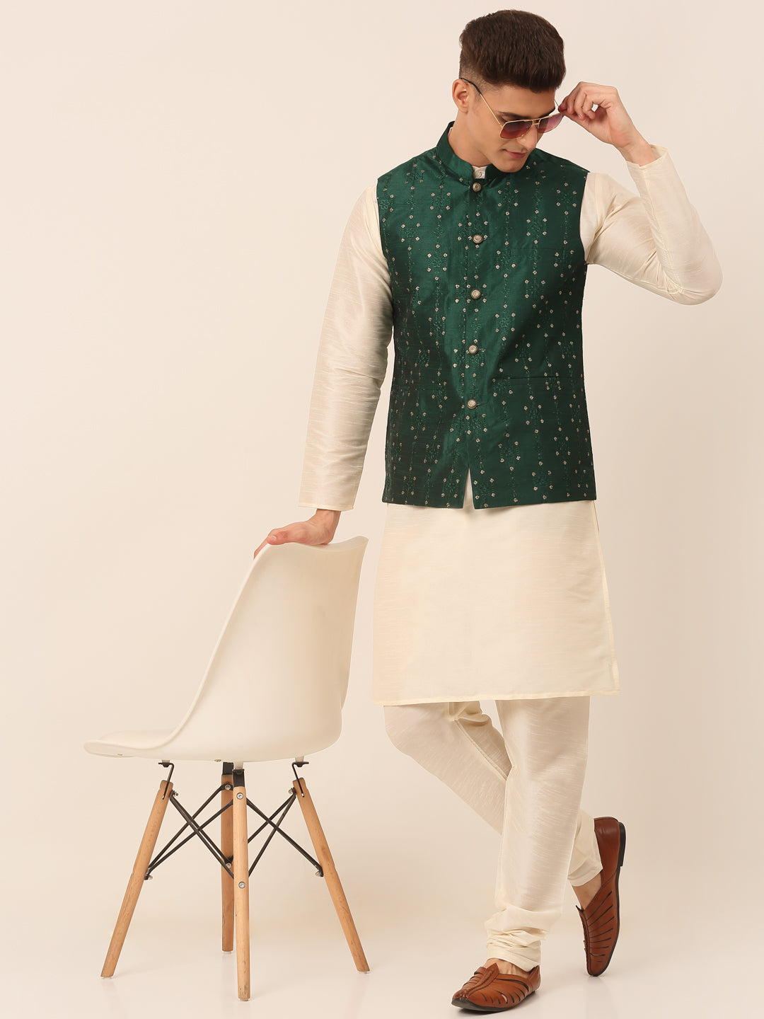 Jompers Men's Solid Dupion Silk Kurta Pyjama With Embroidered Nehru Jacket - Green | Grocsy