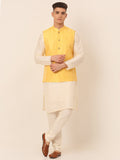 Jompers Men's Solid Dupion Silk Kurta Pyjama With Embroidered Nehru Jacket - Yellow | Grocsy
