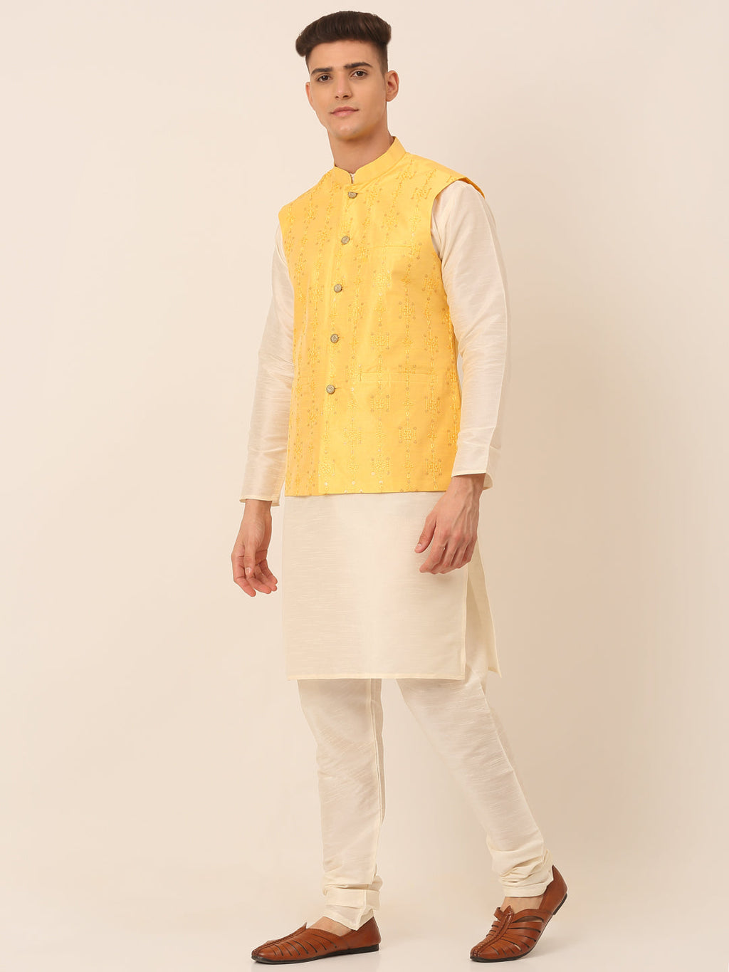 Jompers Men's Solid Dupion Silk Kurta Pyjama With Embroidered Nehru Jacket - Yellow | Grocsy