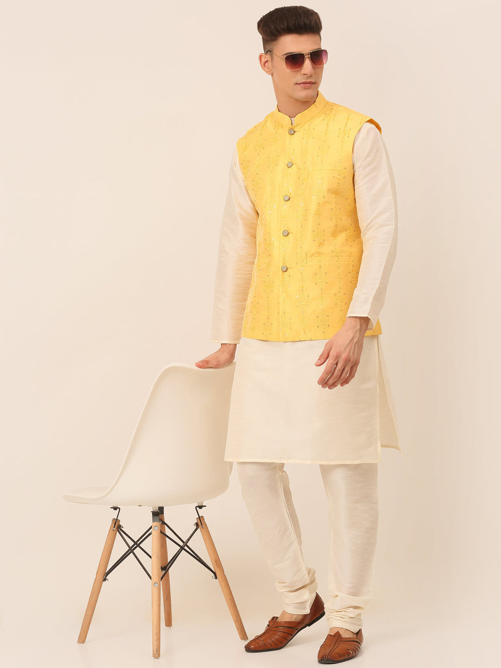 Jompers Men's Solid Dupion Silk Kurta Pyjama With Embroidered Nehru Jacket - Yellow | Grocsy