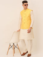 Jompers Men's Solid Dupion Silk Kurta Pyjama With Embroidered Nehru Jacket - Yellow | Grocsy
