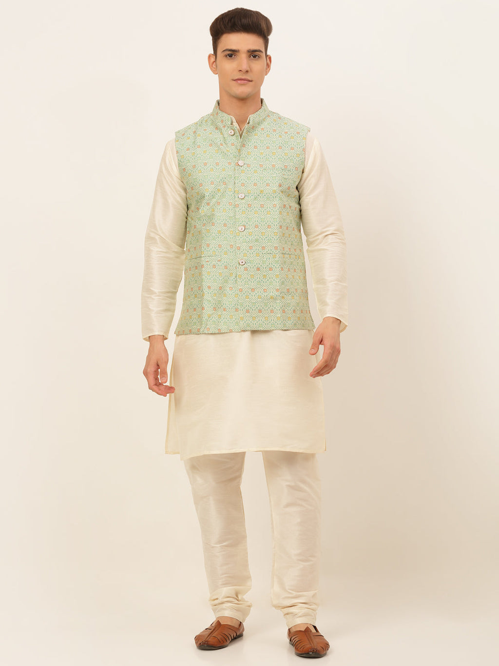 Jompers Men's Solid Kurta Pyjama With Nehru Jacket - Green | Grocsy