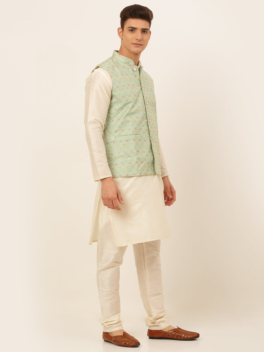 Jompers Men's Solid Kurta Pyjama With Nehru Jacket - Green | Grocsy